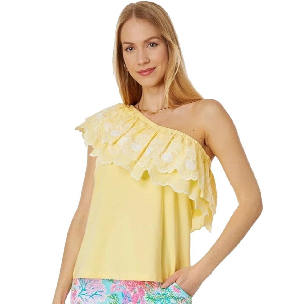 Lilly Pulitzer Kym Knit One Shoulder Top Large Yellow Ruffle Embroidered